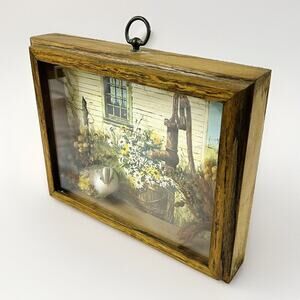 Vtg Rudy Nappi Water Pump Print Framed Shadow Box 3D Bird Dried Flowers